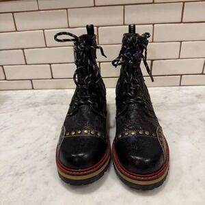 L ARTISTE Genuine Leather Studded Embellished Combat Boots Women Size 39 Black